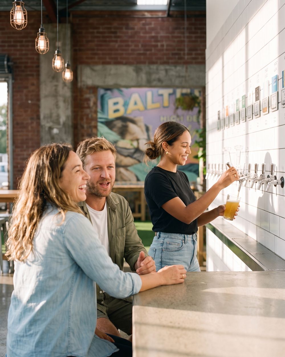 Jess pours a schooner at Balter's white-tiled tap wall while Sarah and Tom settle in at the bar