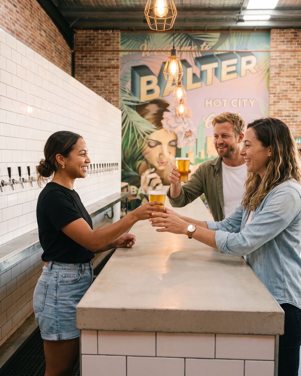 Jess hands Sarah her reward beer across the bar while Tom raises his glass under the mural