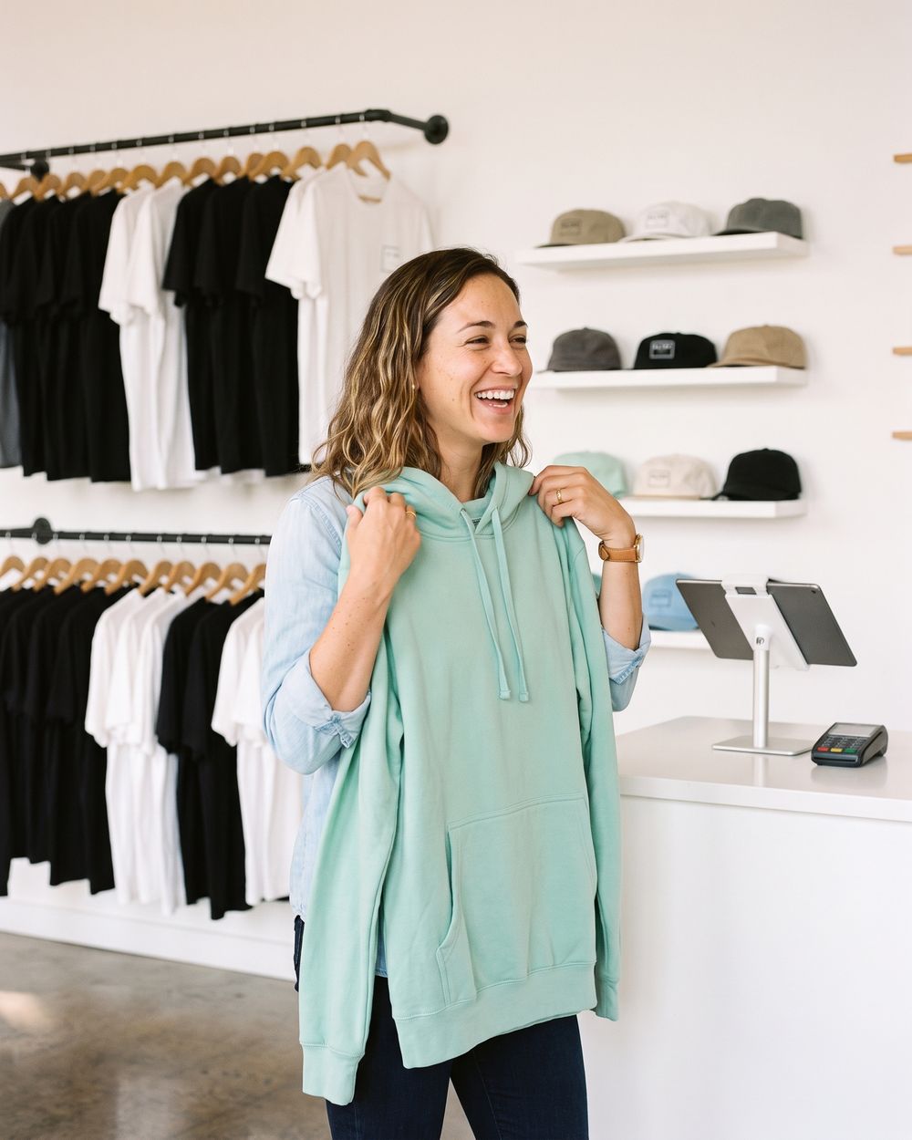 Sarah holds a mint hoodie up against herself in the taproom's merch shop